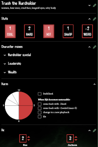 info panel showing character's name, stats, harm, moves etc